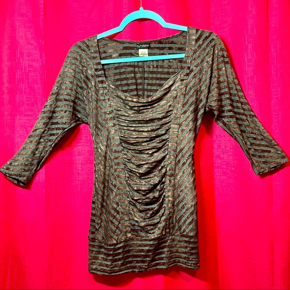 DAYTRIP BROWN & GRAY STRIPE COWL NECK TOP SIZE XS